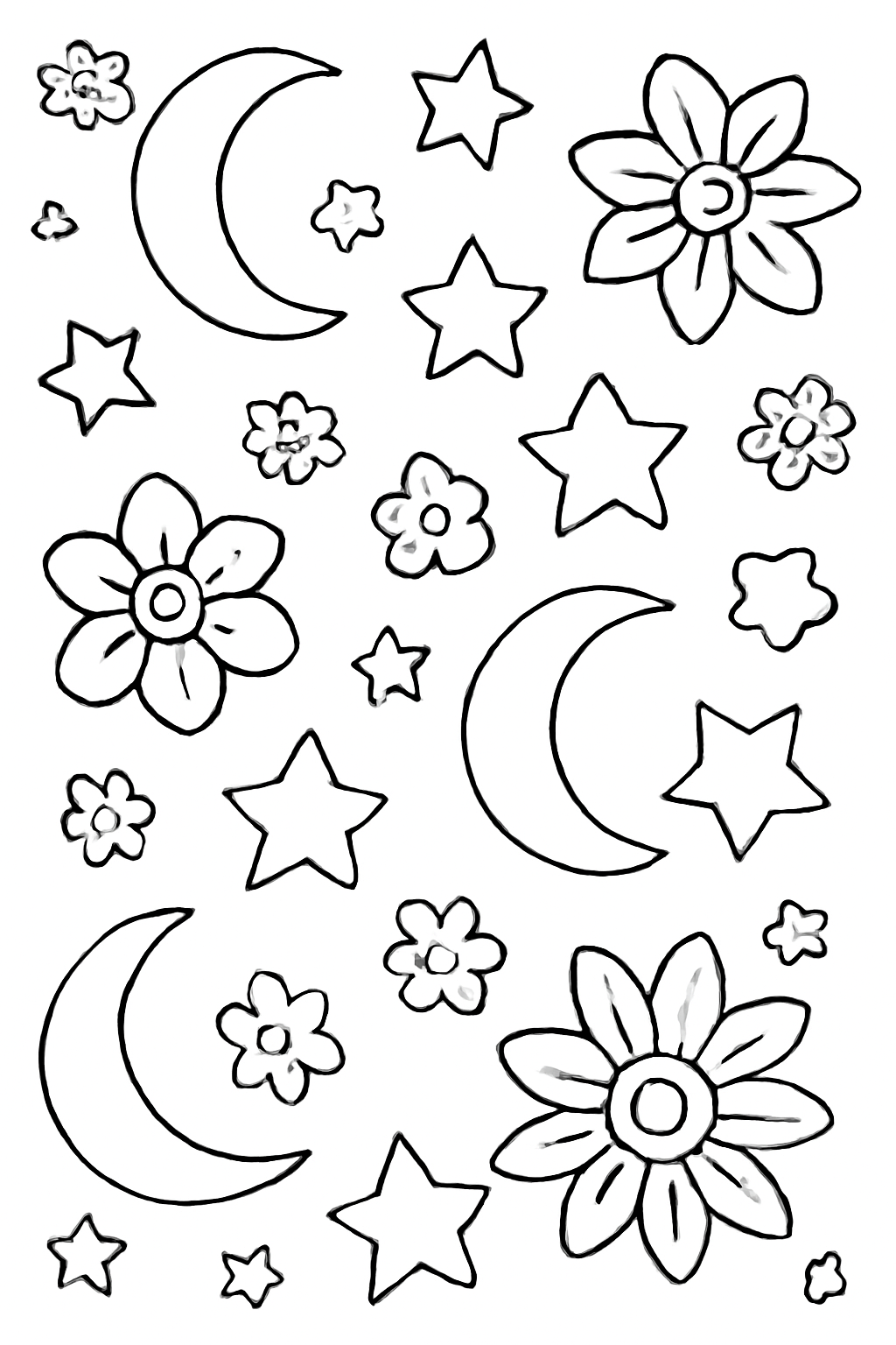 Free printable Eid al-Fitr pattern of crescents stars and flowers coloring page for kids