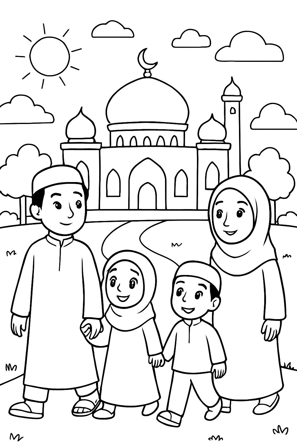 Free printable Eid al-Fitr morning with families walking to prayer grounds coloring page for kids