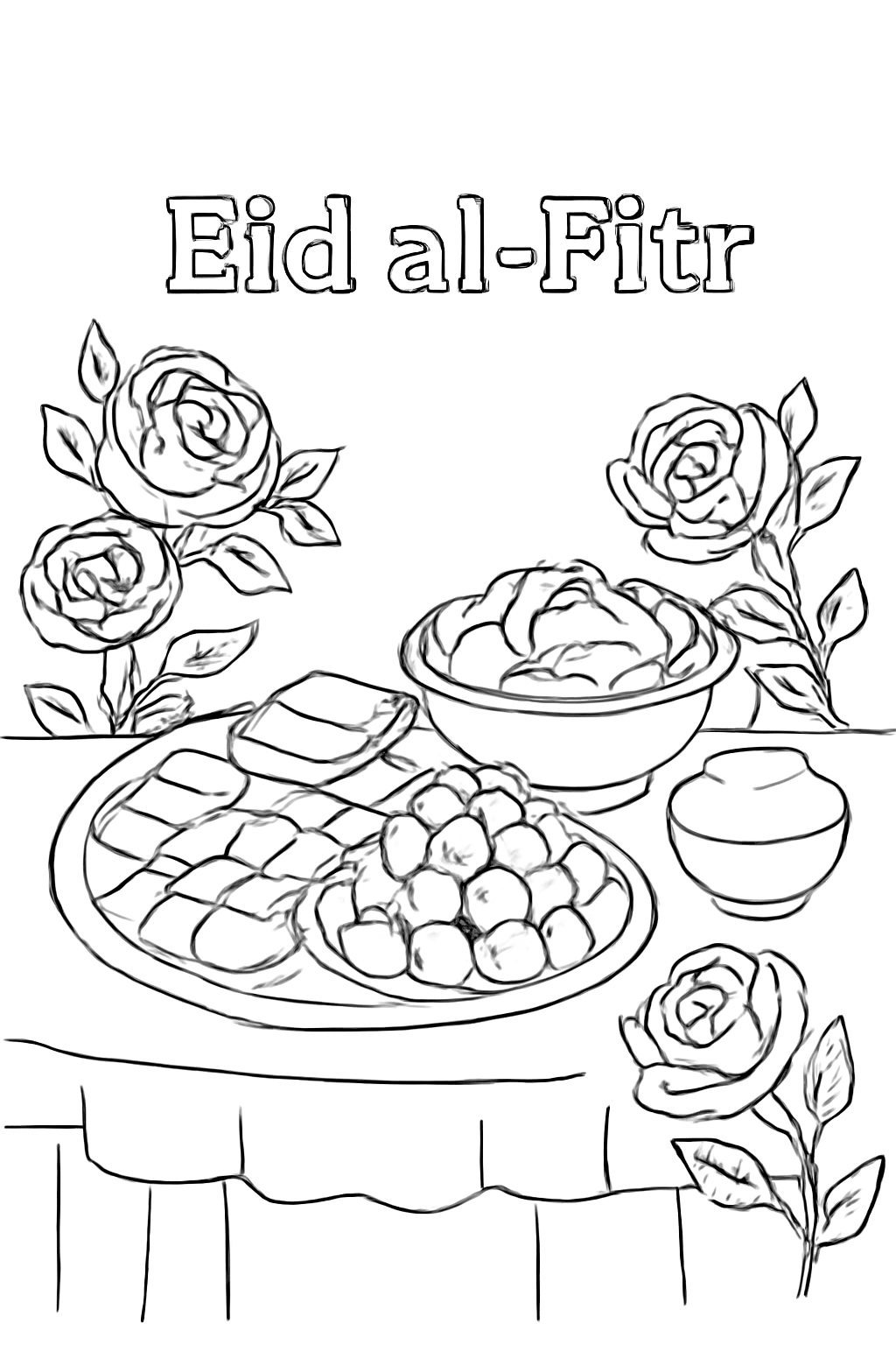 Free printable Eid al-Fitr table set with roses and sweets coloring page for kids