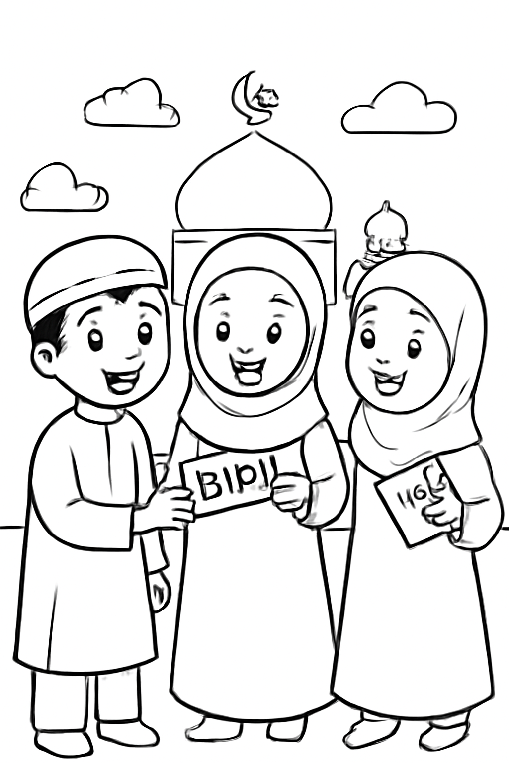 Free printable children receiving eidi gift envelopes on Eid al-Fitr coloring page for kids