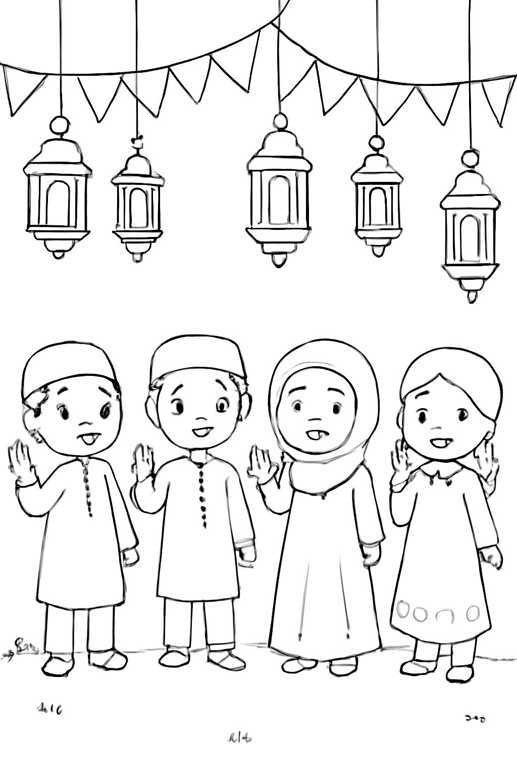 Free printable children in festive clothing beneath Eid lanterns and bunting coloring page