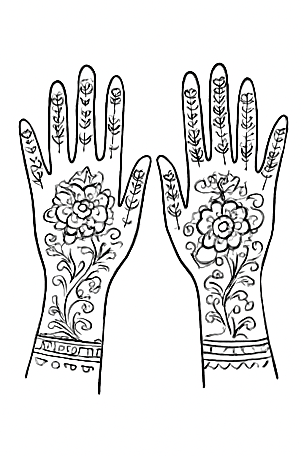 Free printable henna flower patterns on hands for Eid al-Fitr coloring page for kids