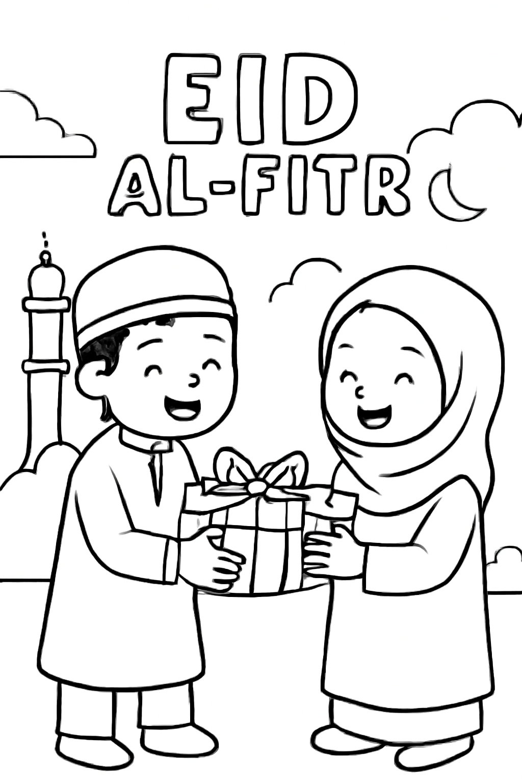 Free printable cousins exchanging gifts on Eid al-Fitr coloring page for kids