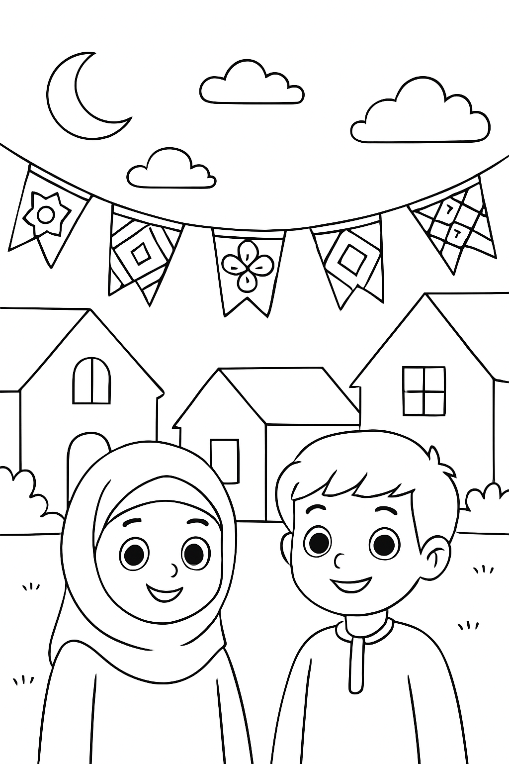 Free printable Eid al-Fitr bunting strung between houses coloring page for kids