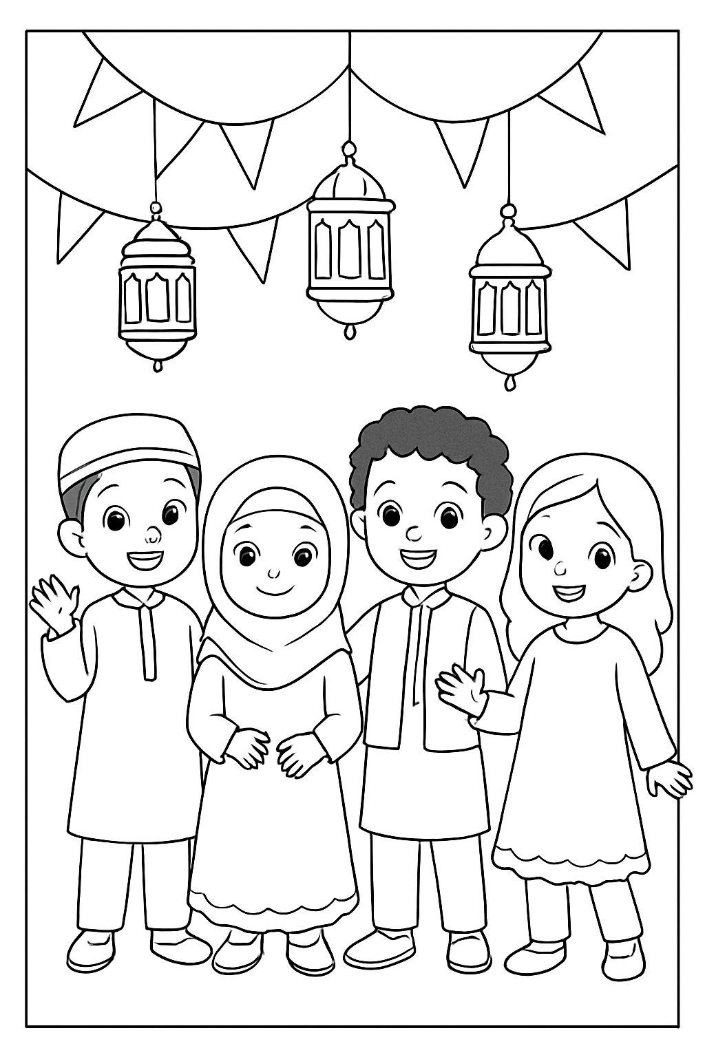 Free printable children in festive clothing beneath Eid lanterns and bunting coloring page for kids
