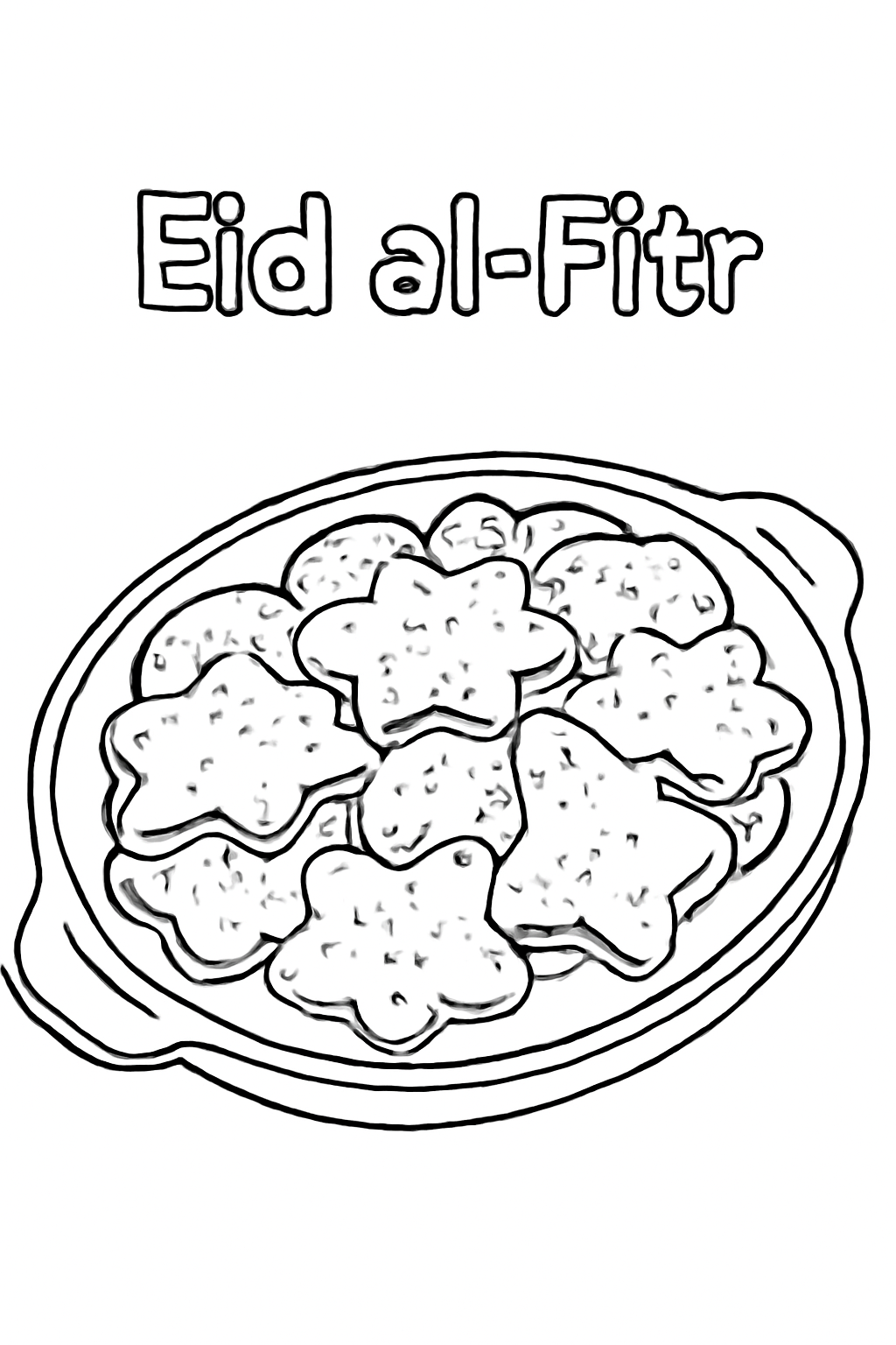 Free printable Eid al-Fitr cookies dusted with sugar on a tray coloring page for kids