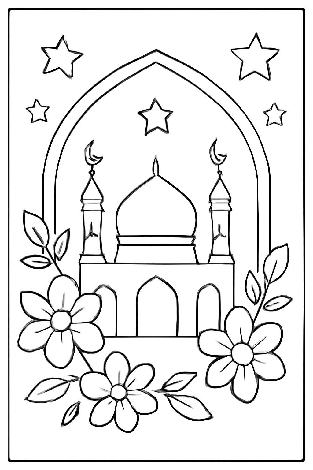 Free printable Eid al-Fitr greeting design with mosque arches stars and flowers without text coloring page