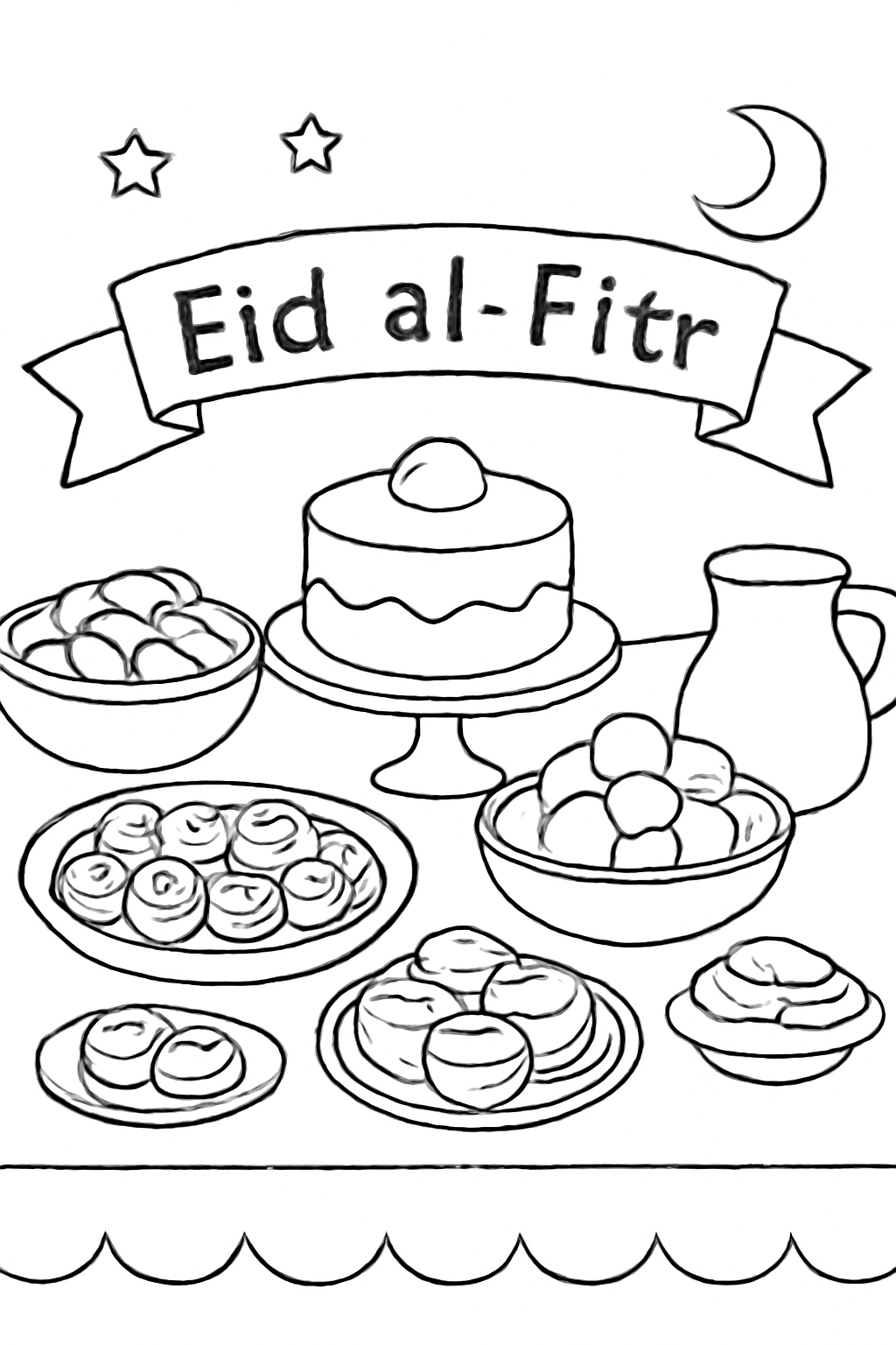 Free printable Eid al-Fitr dessert table with dates and sweets coloring page for kids