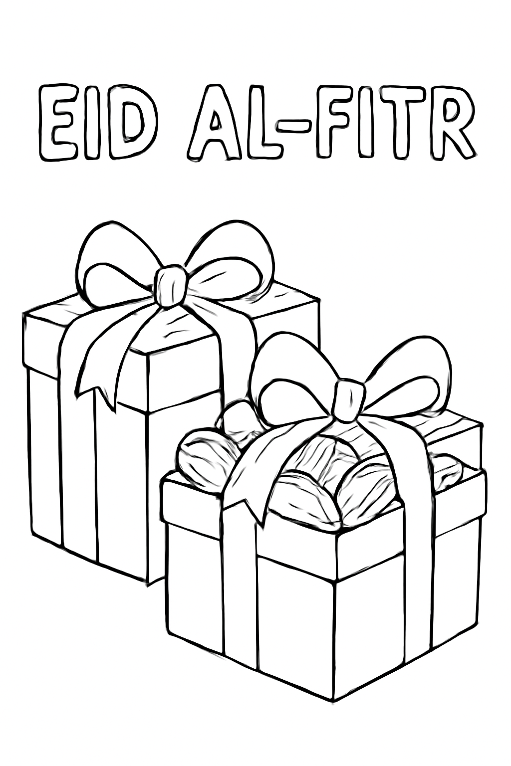 Free printable boxes of dates wrapped with ribbons for Eid al-Fitr coloring page for kids