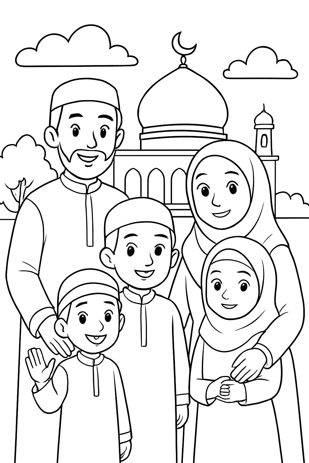 Free printable family gathering for photos on Eid al-Fitr morning coloring page for kids