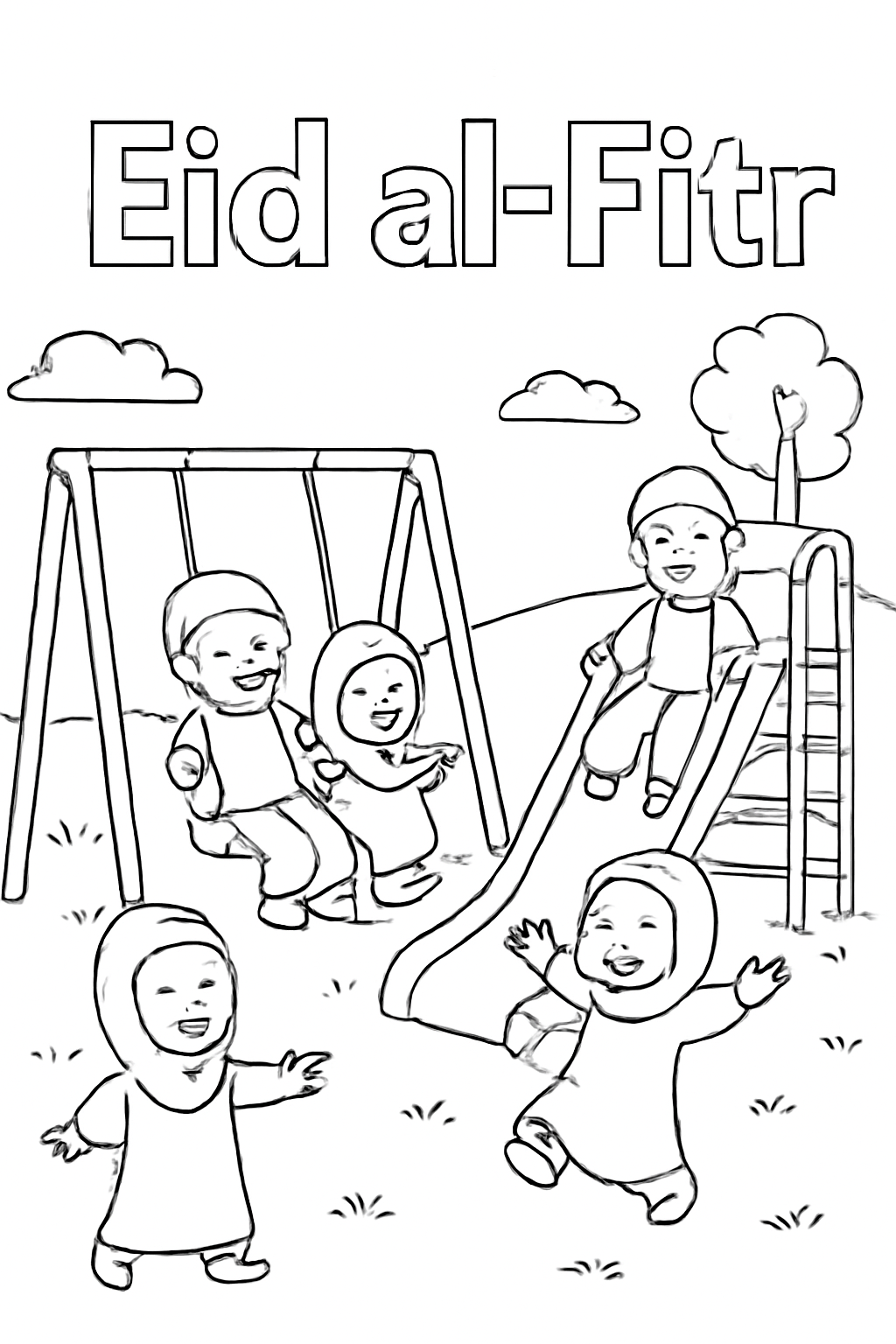 Free printable swings and slides full of children on Eid al-Fitr coloring page for kids