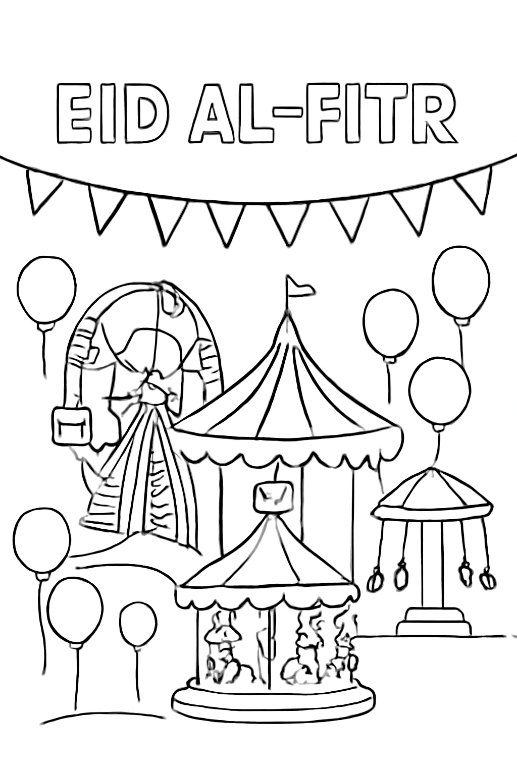 Free printable Eid al-Fitr fairground with rides and balloons coloring page for kids