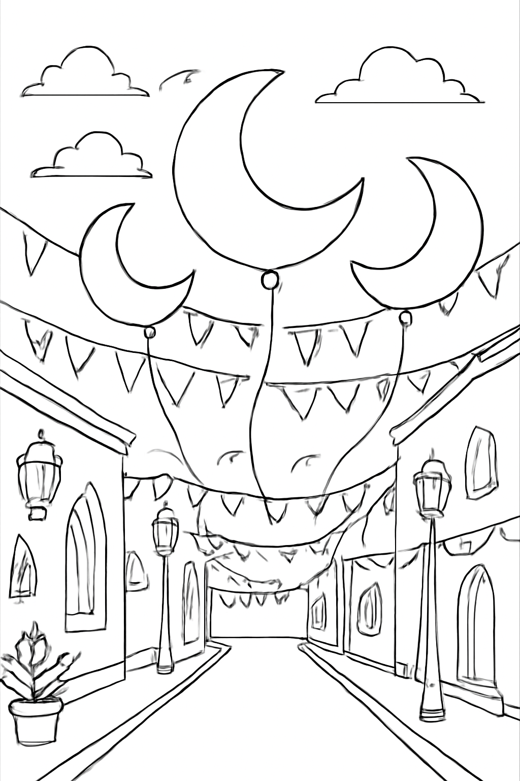 Free printable Eid al-Fitr crescent balloons over a decorated street coloring page for kids