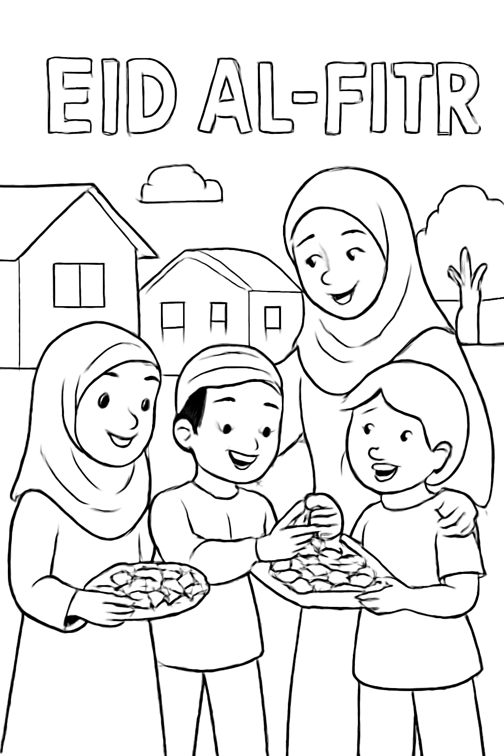 Free printable Eid al-Fitr treats shared with neighbors coloring page for kids