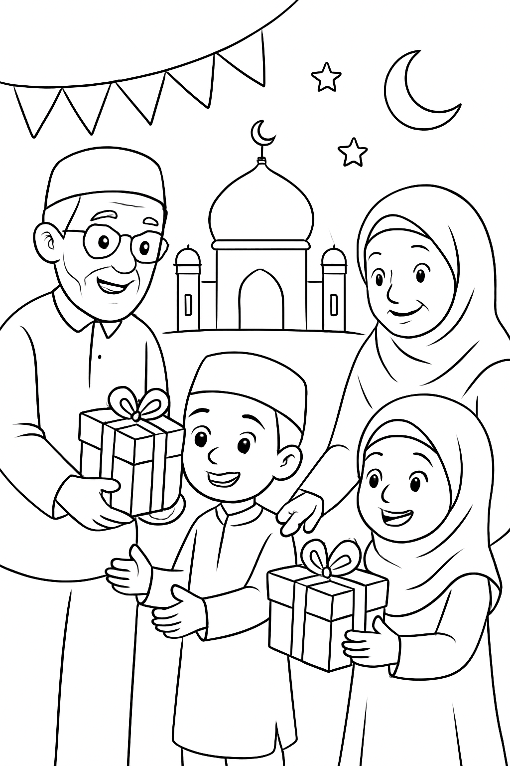 Free printable grandparents giving gifts to children on Eid al-Fitr coloring page for kids