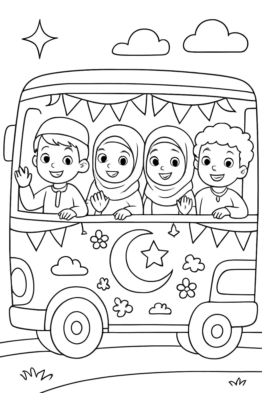 Free printable children waving from a decorated bus on an Eid al-Fitr outing coloring page for kids