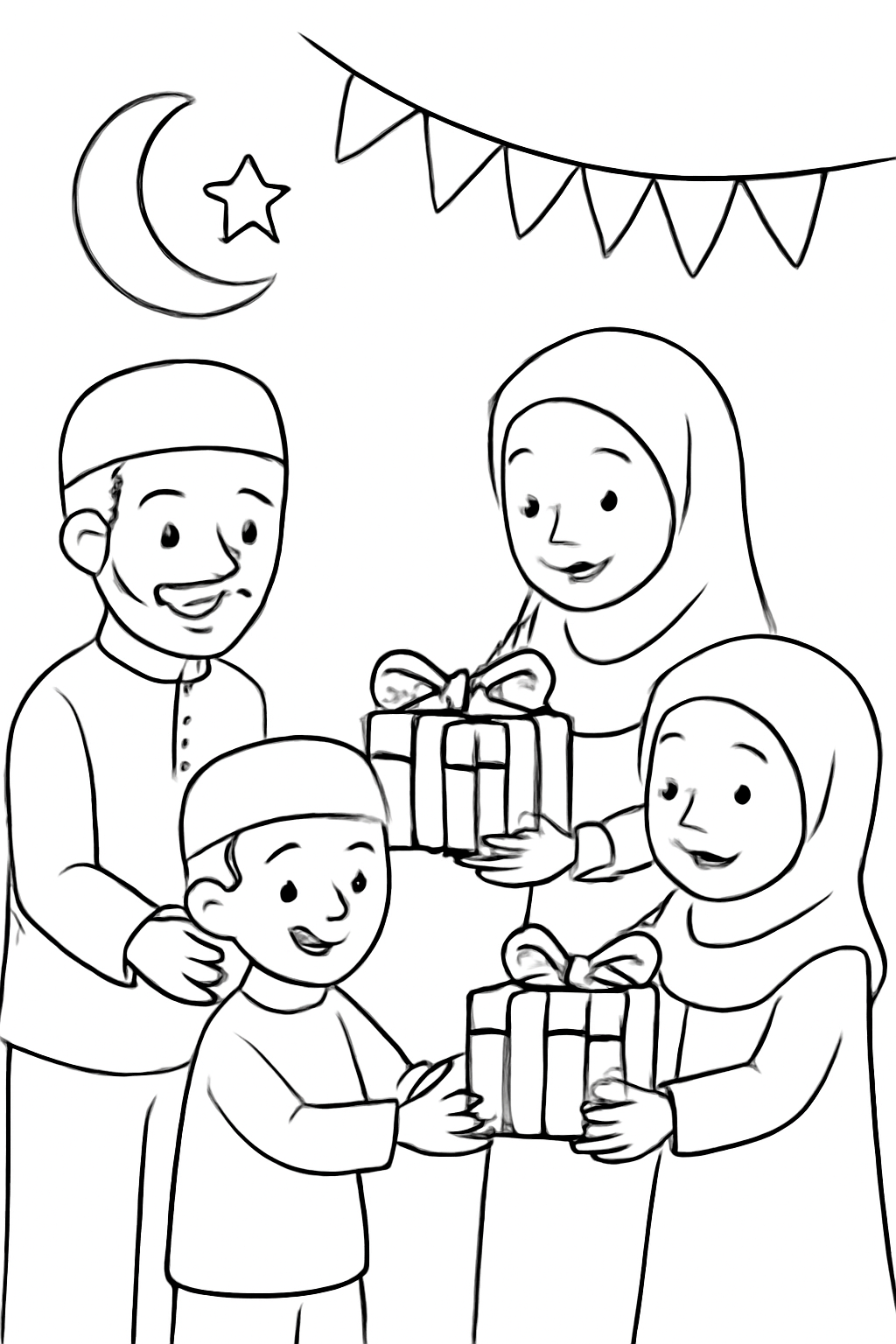 Free printable family exchanging wrapped gifts during Eid al-Fitr coloring page