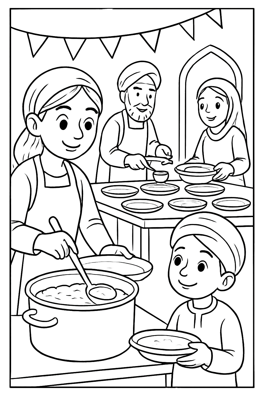 Free printable community volunteers preparing a langar meal for Gurpurab coloring page for kids