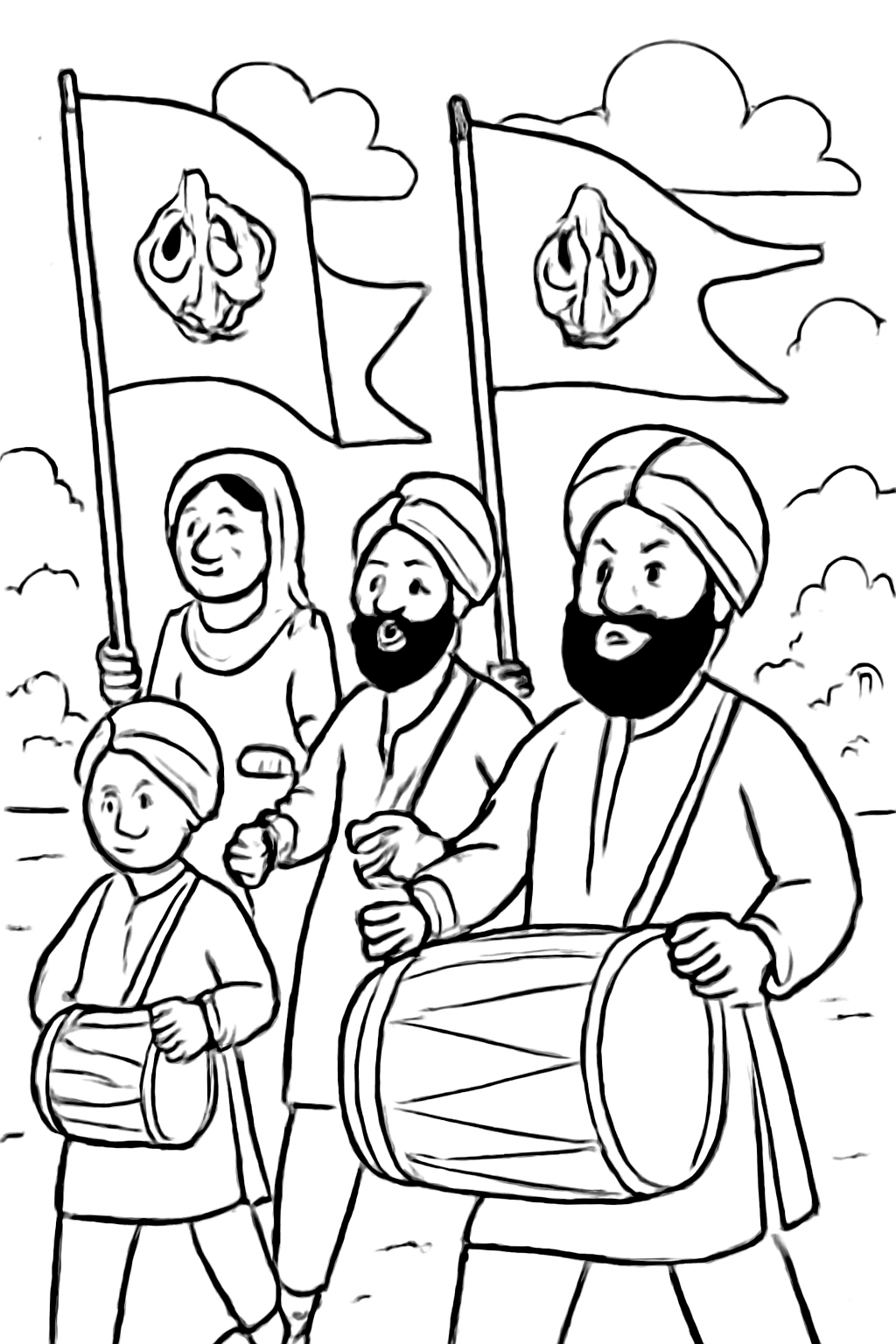 Free printable Gurpurab procession with flags and drummers coloring page for kids