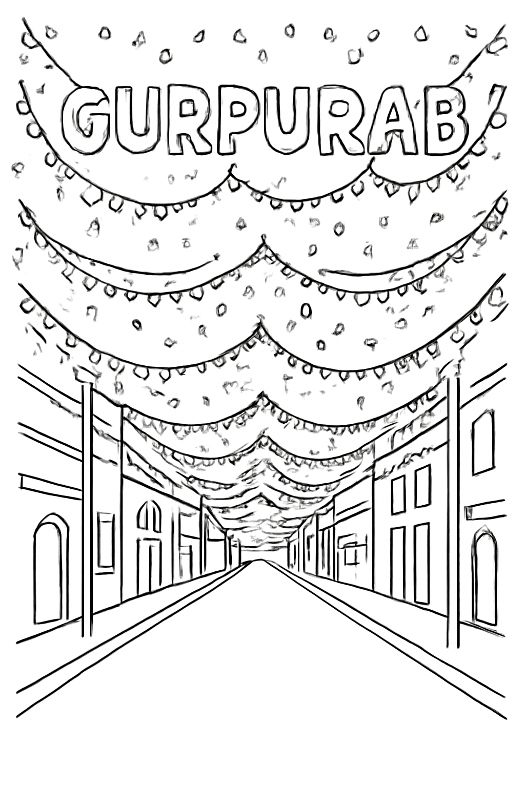 Free printable Gurpurab street decorated with fairy lights coloring page for kids
