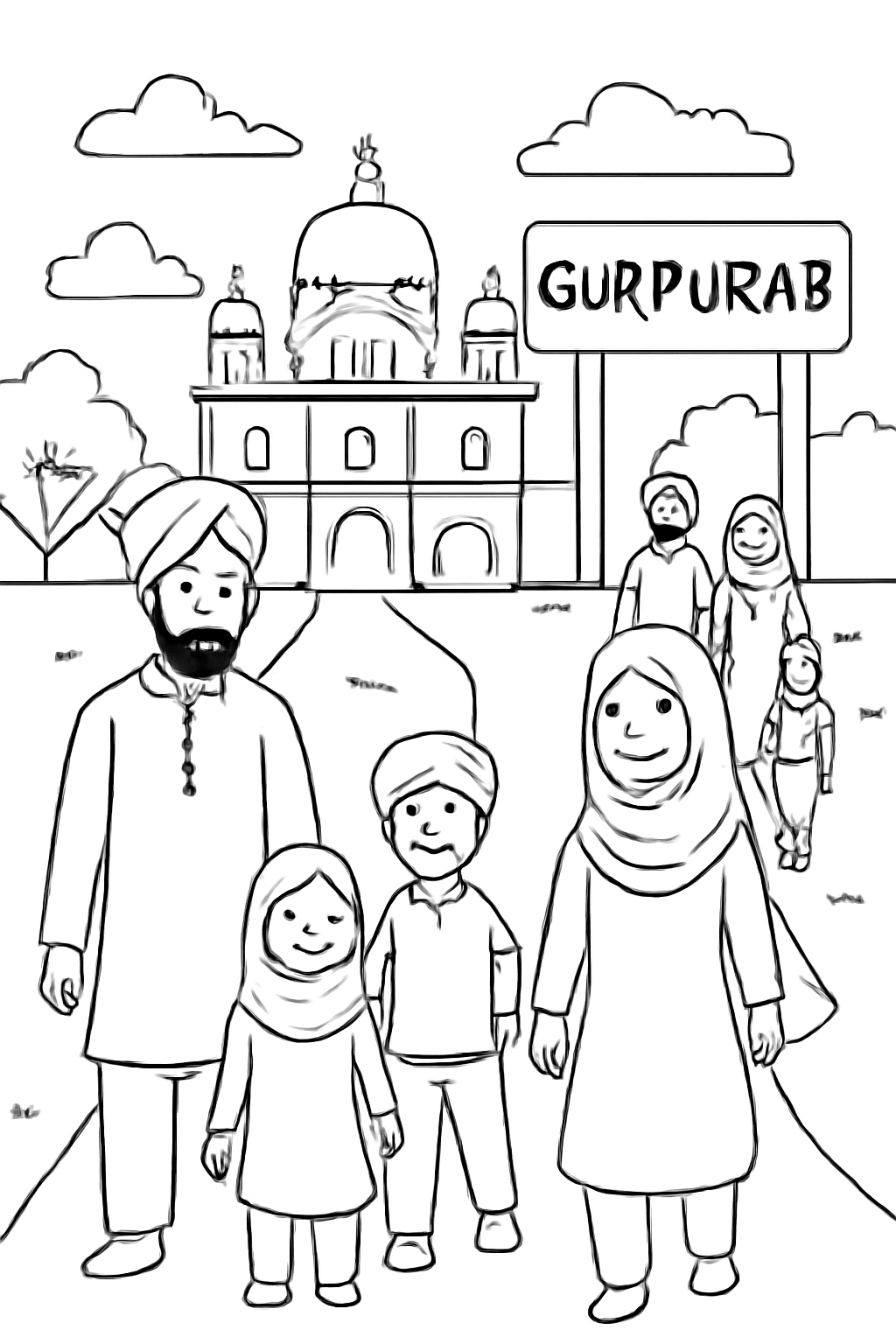Free printable families walking to the gurdwara on Gurpurab coloring page for kids
