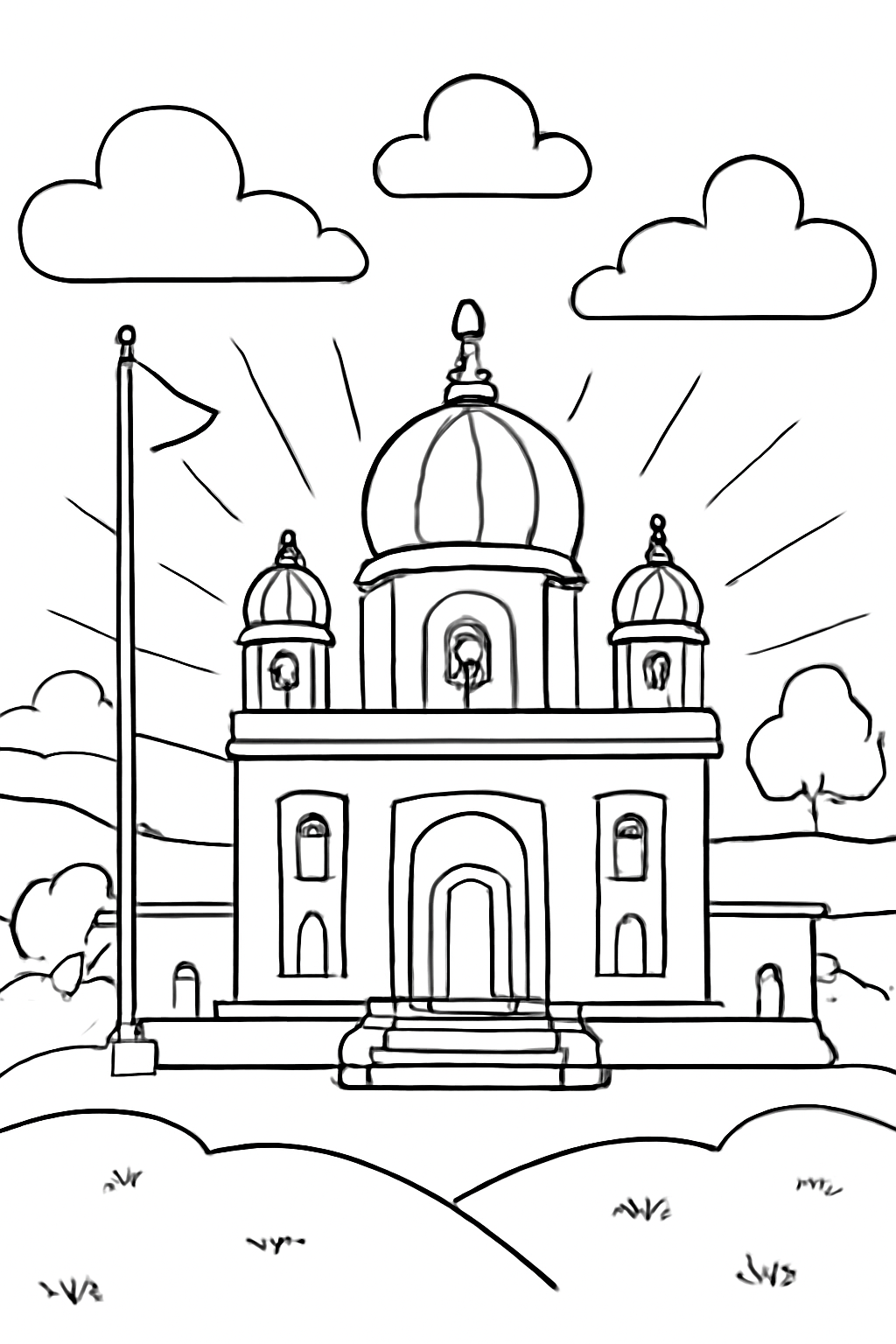 Free printable Gurpurab morning sunrise over a peaceful gurdwara coloring page for kids