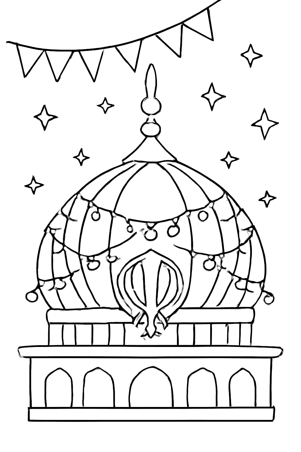 Free printable gurdwara dome decorated with lights for Gurpurab coloring page for kids