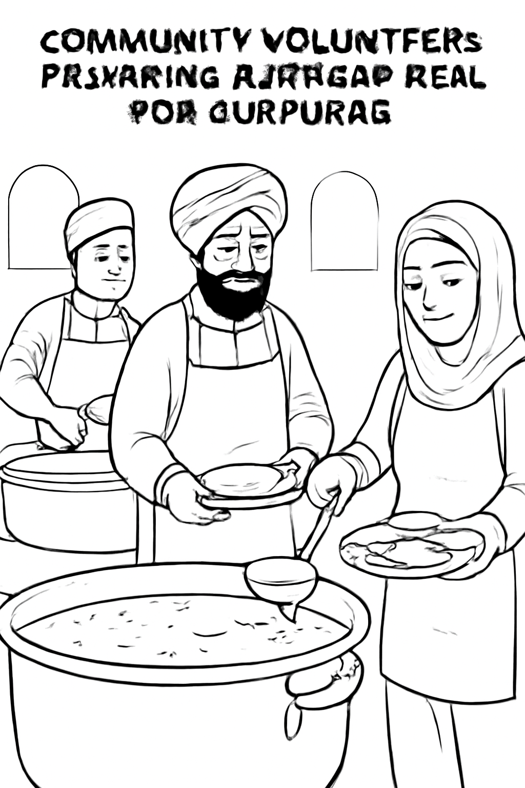 Free printable community volunteers preparing a langar meal for Gurpurab coloring page