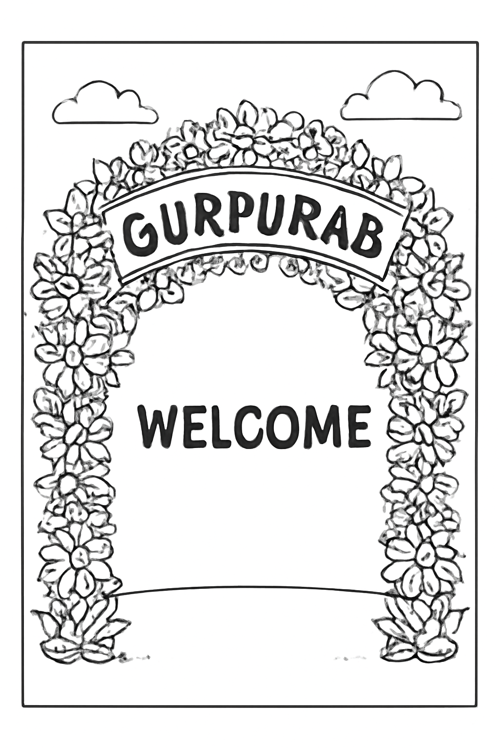 Free printable Gurpurab welcome gate made of flowers coloring page for kids