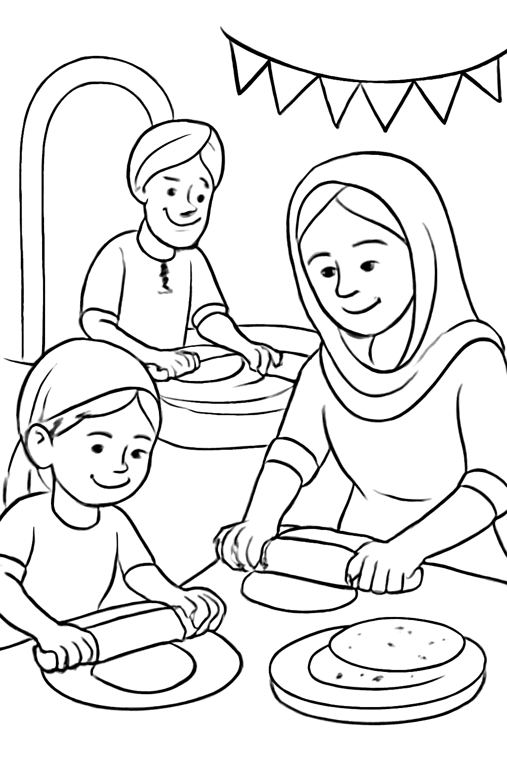 Free printable volunteers rolling rotis for Gurpurab langar coloring page for kids