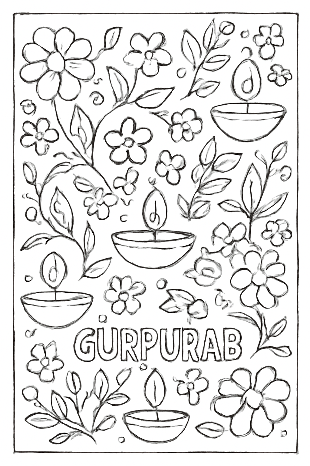 Free printable Gurpurab pattern of flowers and lamps coloring page for kids