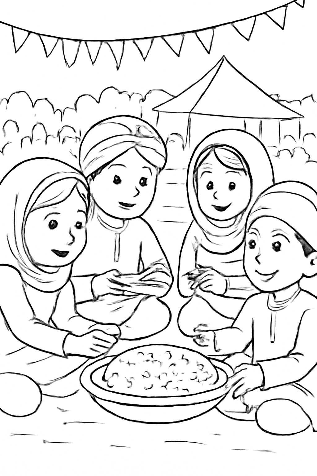 Free printable sharing sweet halwa at a Gurpurab gathering coloring page for kids