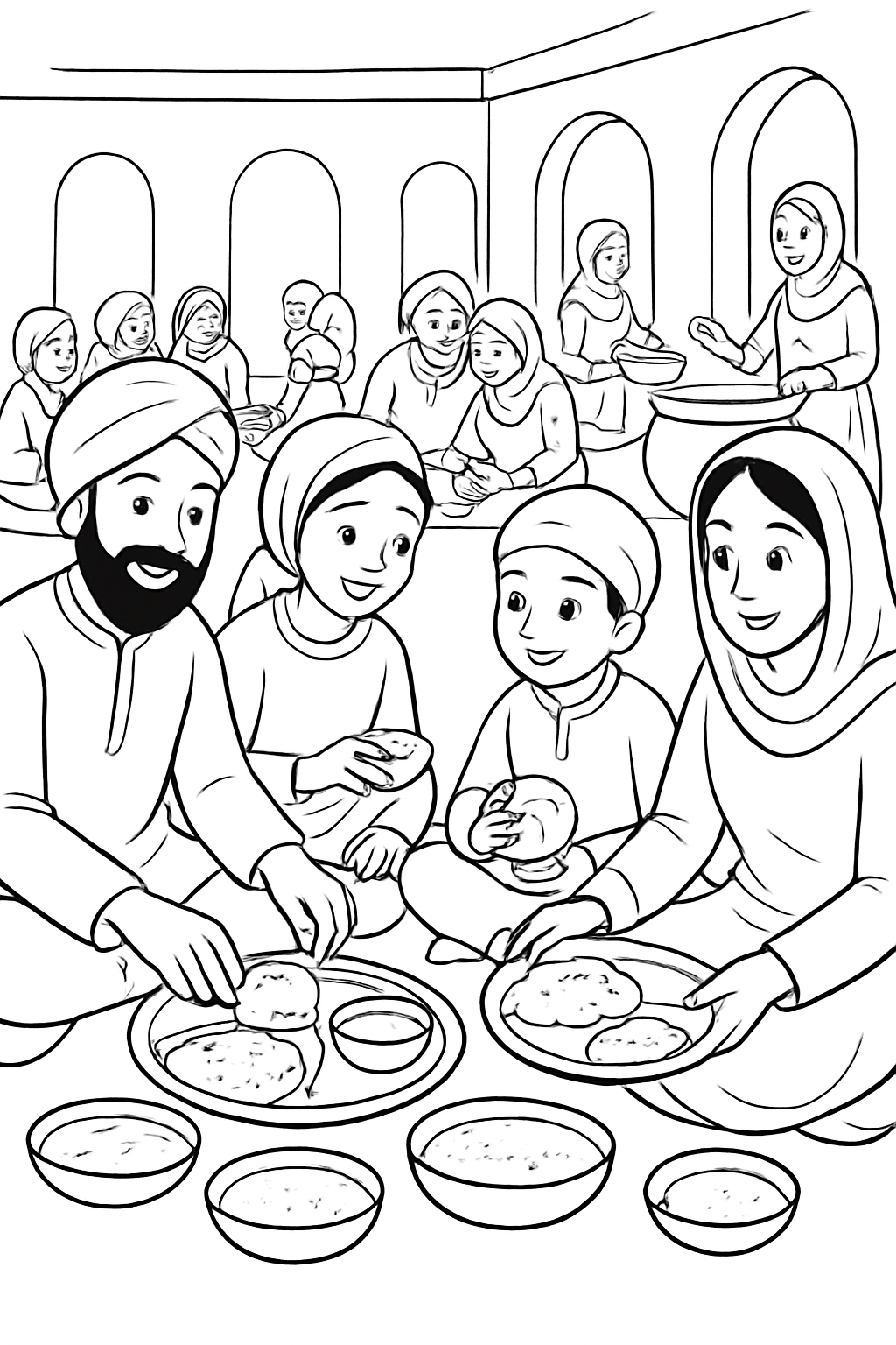 Free printable families sharing food together at a Gurpurab langar coloring page for kids