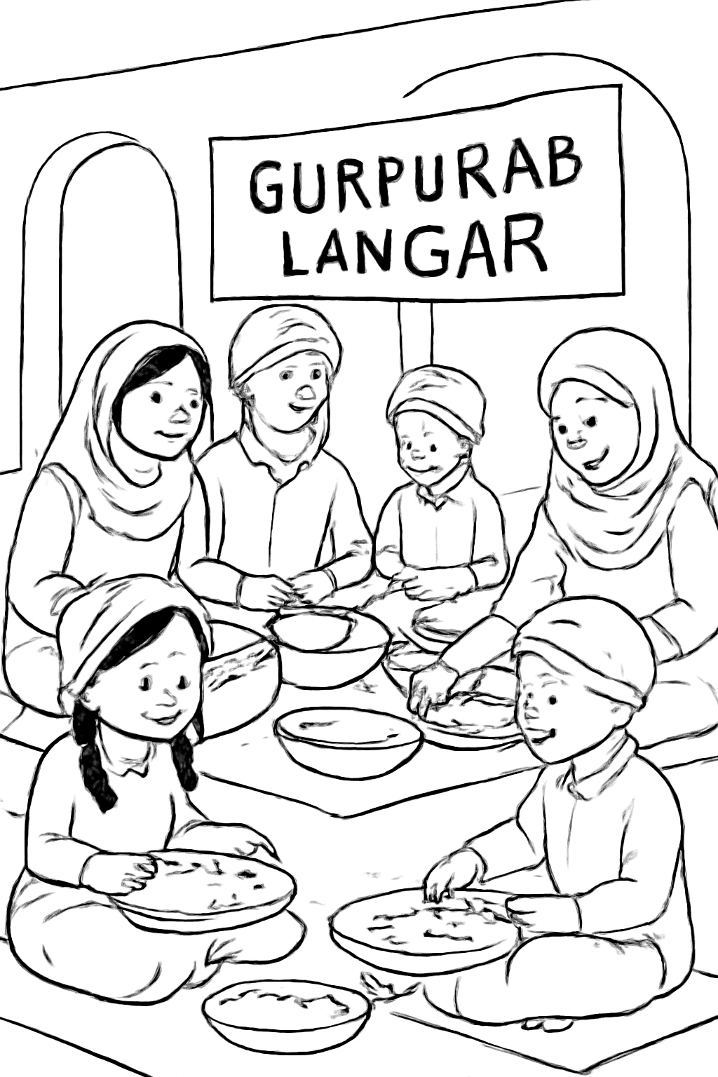 Free printable families sharing food together at a Gurpurab langar coloring page