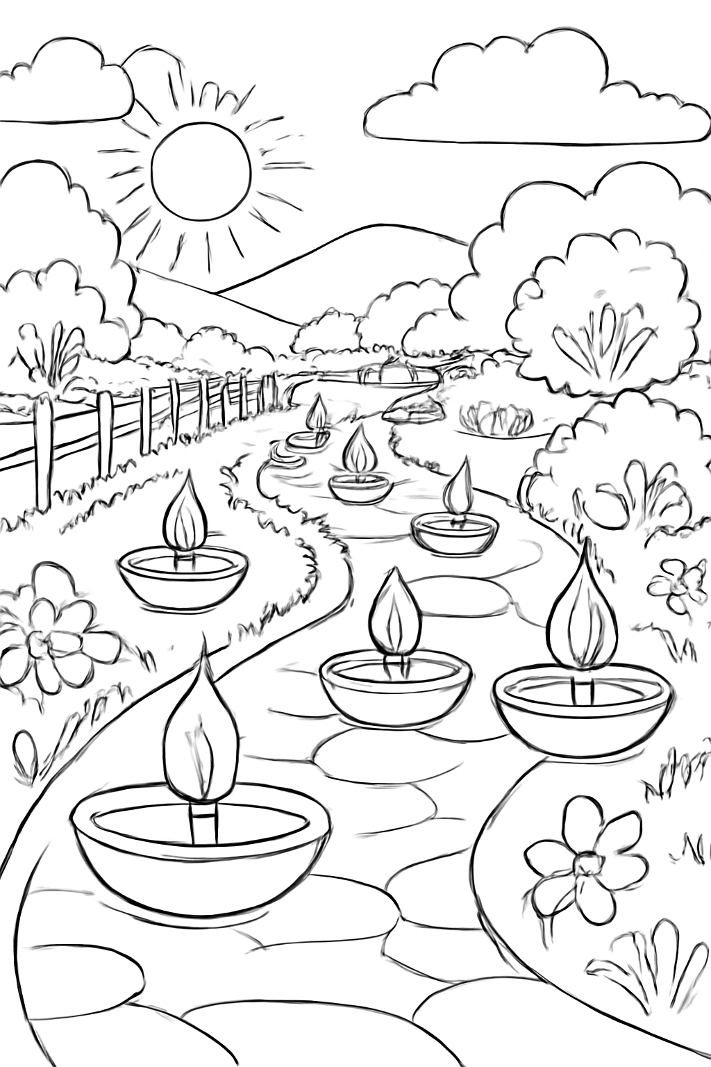 Free printable Gurpurab diyas lining a garden path coloring page for kids