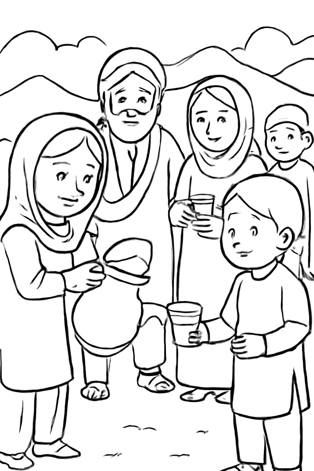 Free printable children handing out water to Gurpurab visitors coloring page for kids