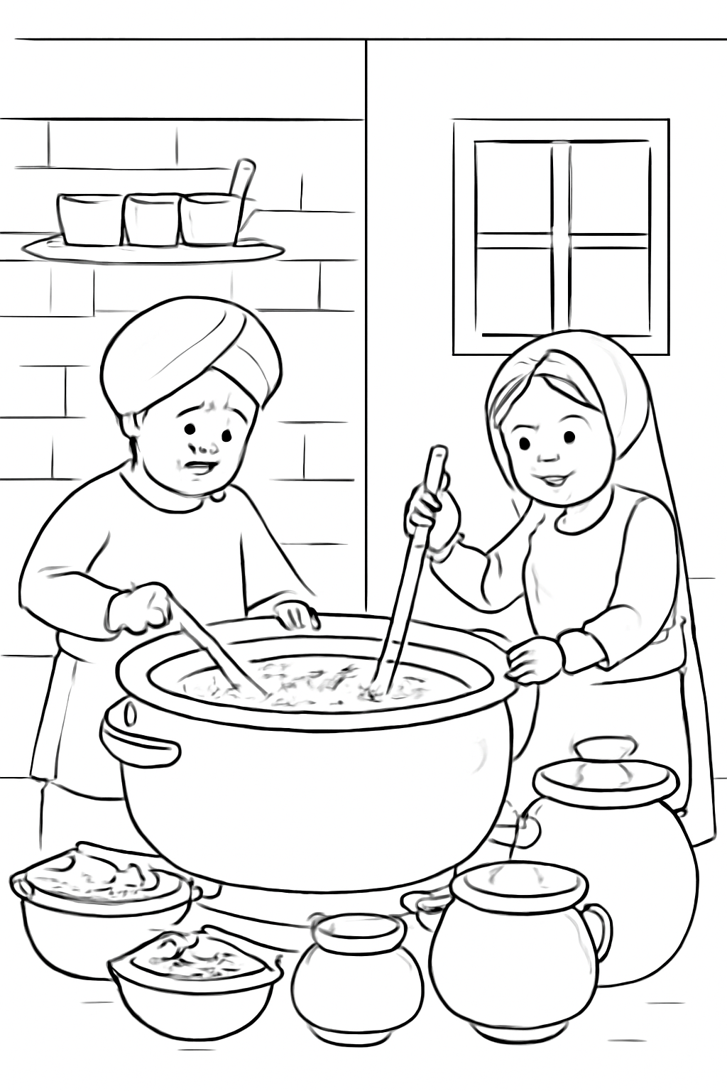 Free printable Gurpurab kitchen with big pots of dal being stirred coloring page for kids