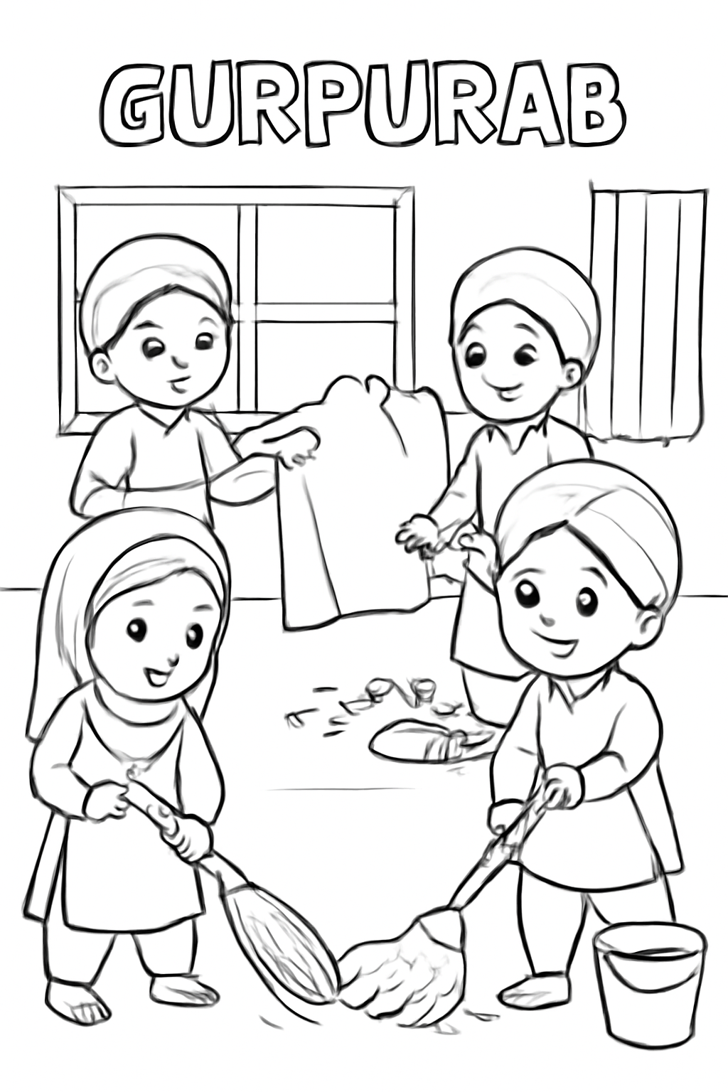 Free printable children sweeping and cleaning to prepare for Gurpurab coloring page for kids