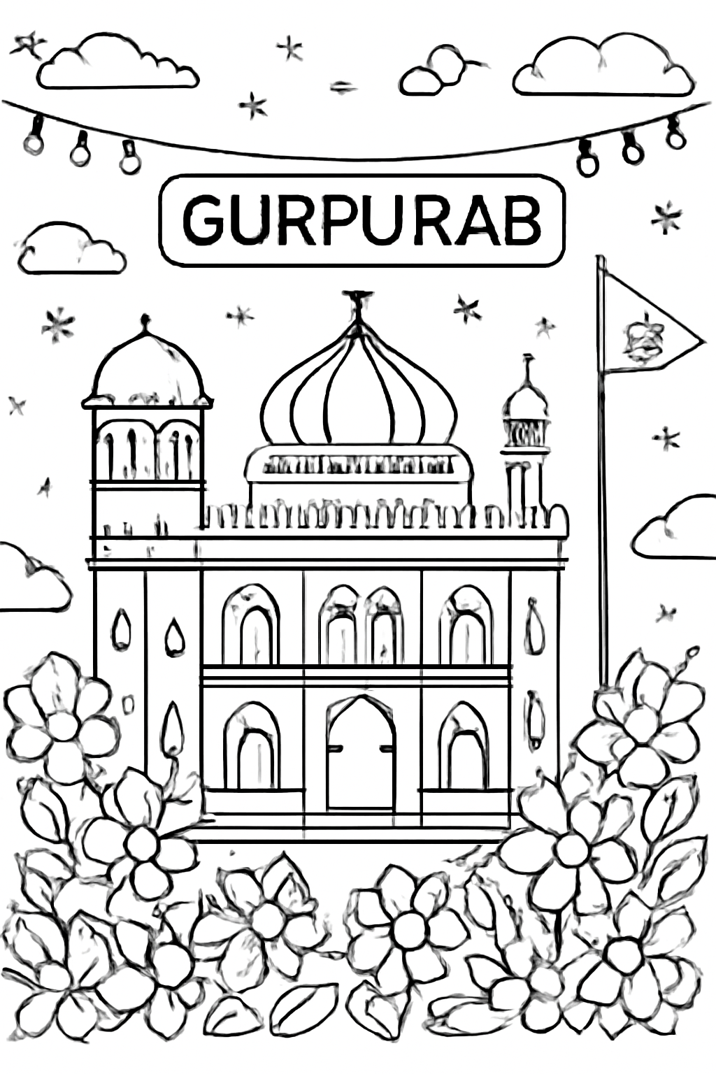 Free printable Gurpurab celebration with illuminated gurdwara exterior and flower decorations coloring page