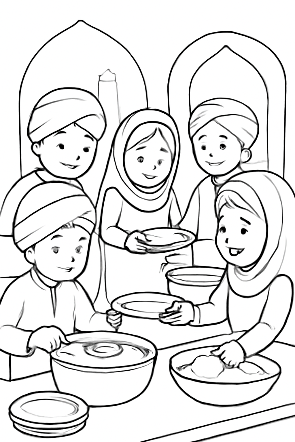 Free printable children helping serve langar for Gurpurab coloring page for kids