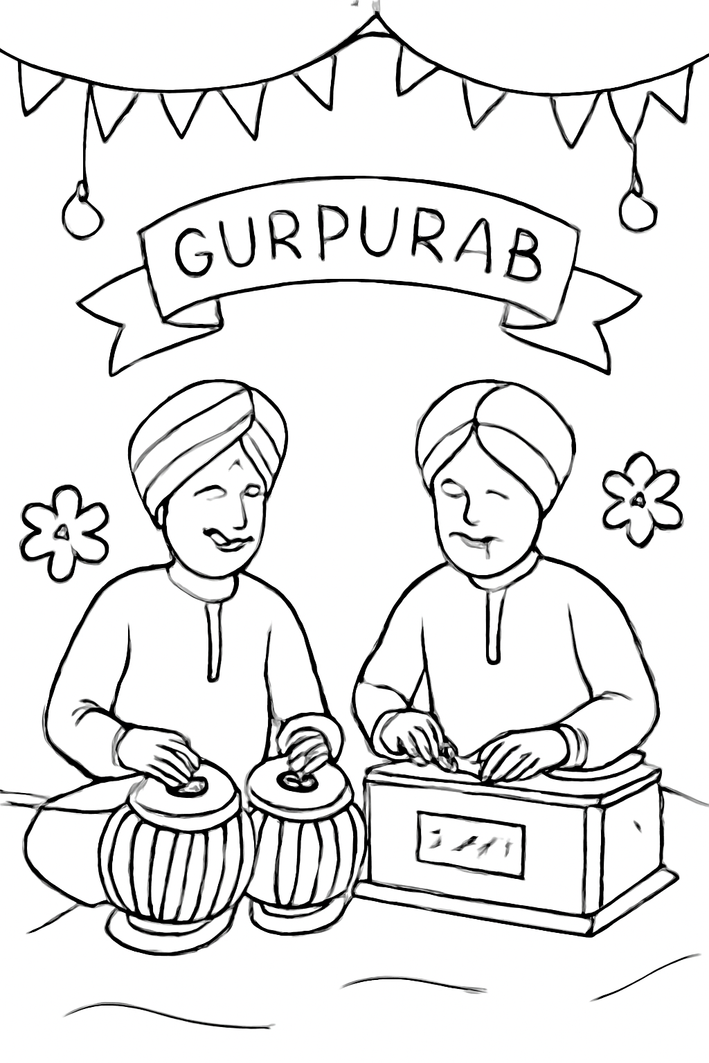 Free printable musicians with tabla and harmonium at Gurpurab coloring page for kids