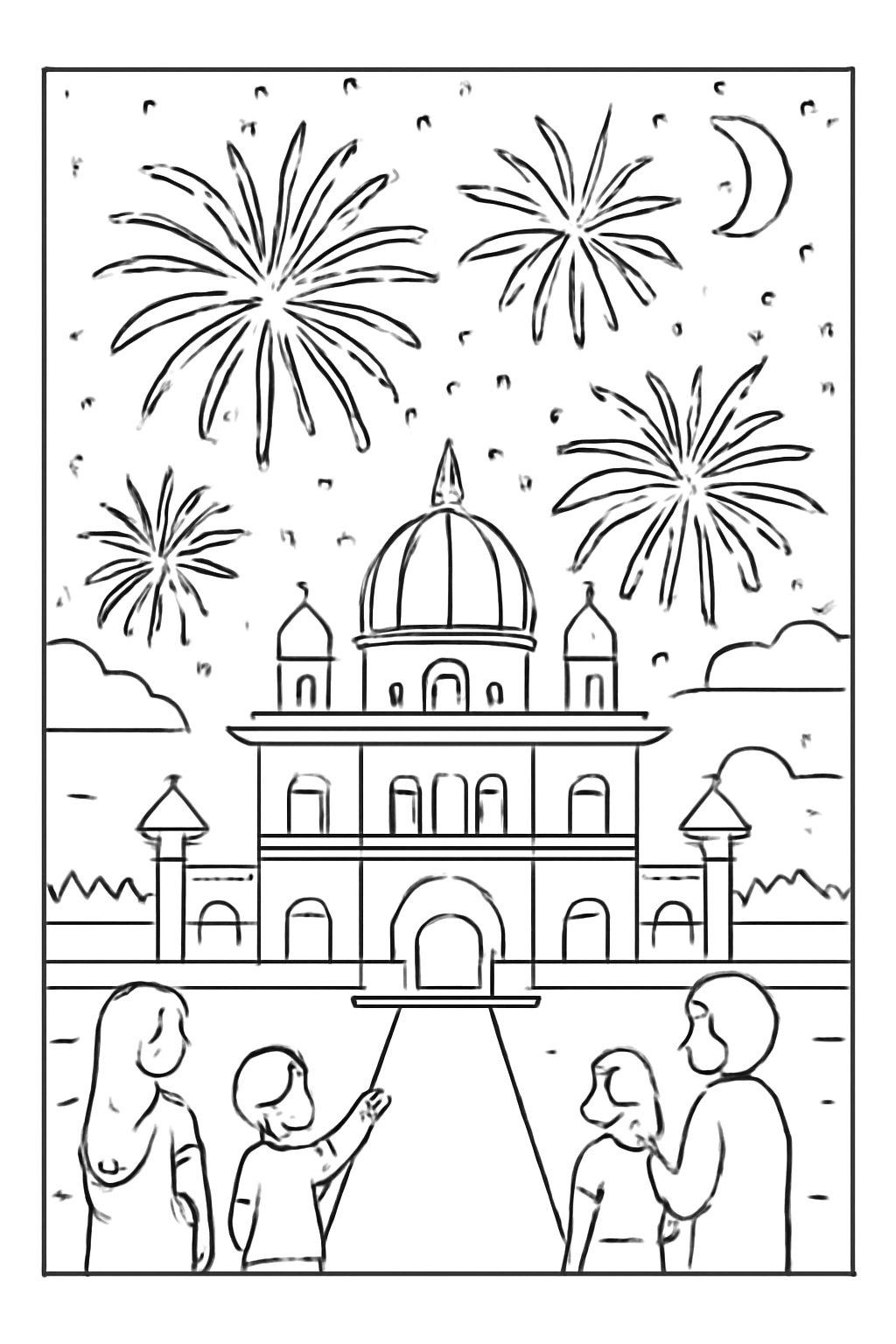 Free printable Gurpurab evening with fireworks over the gurdwara coloring page for kids