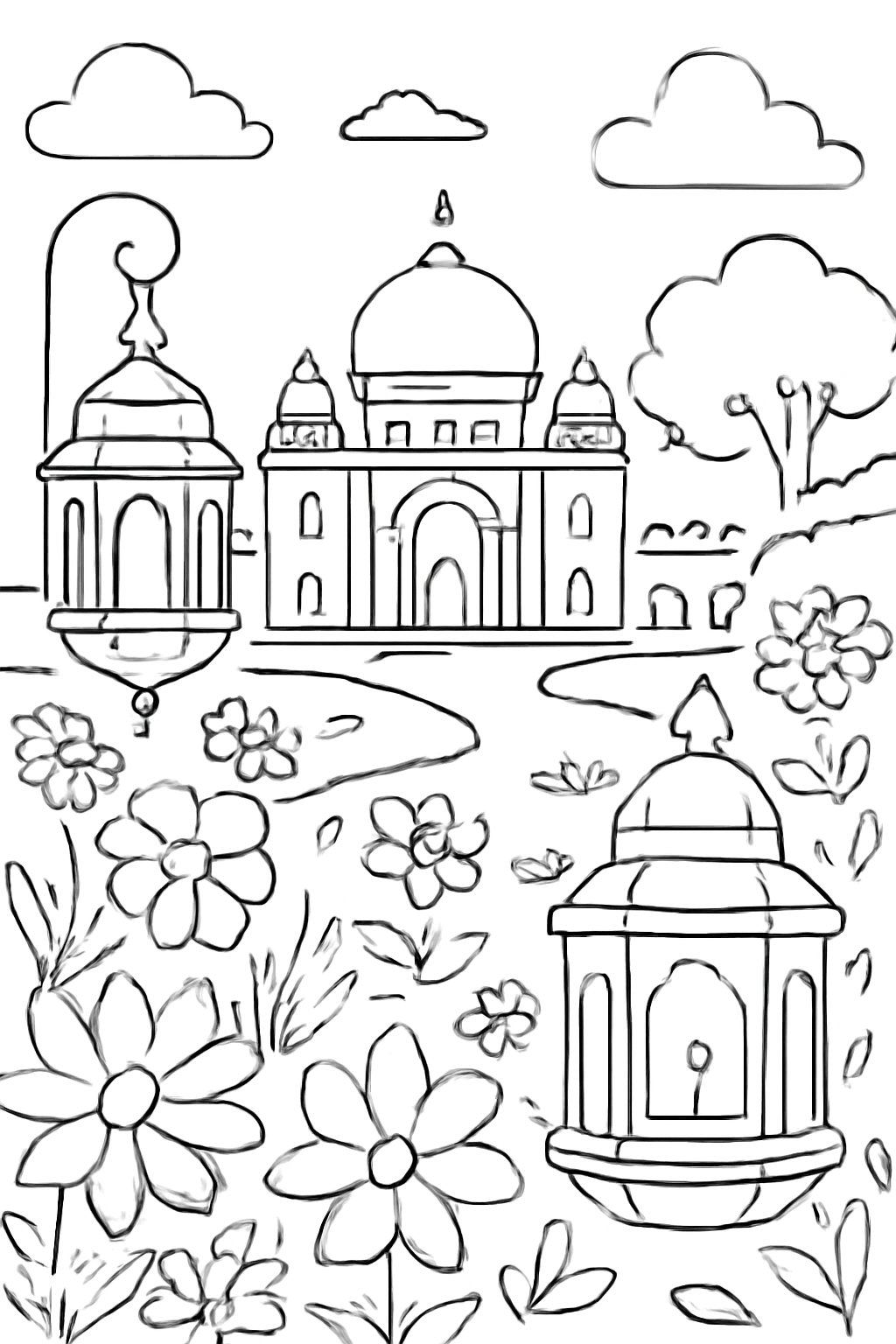 Free printable Gurpurab lanterns flowers and peaceful gurdwara garden coloring page