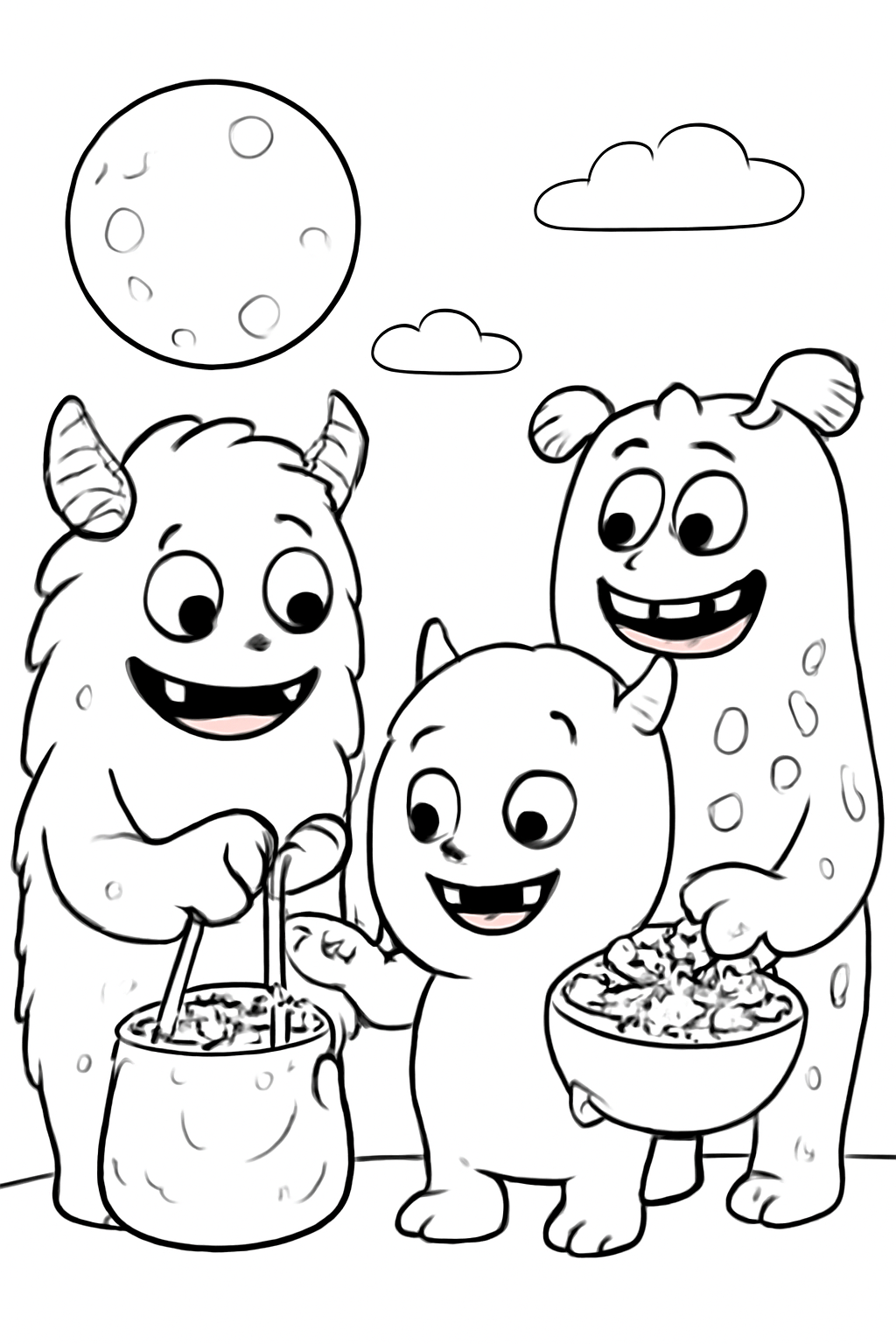 Free printable monster friends sharing Halloween candy coloring page for kids