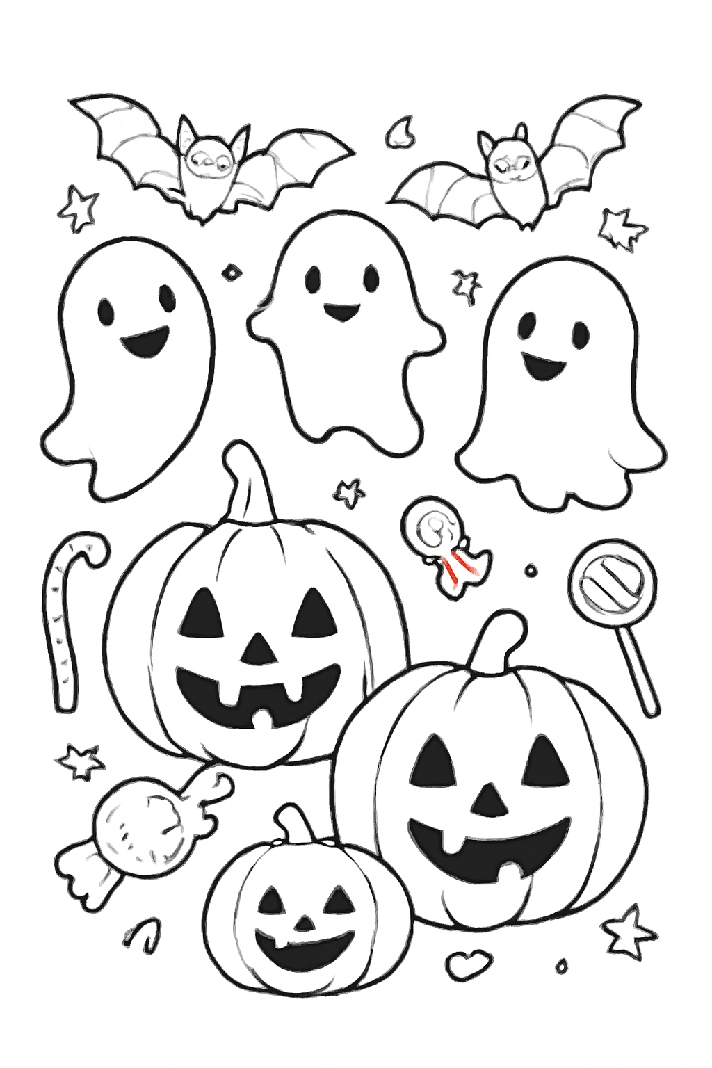 Free printable friendly Halloween pumpkins ghosts bats and candy coloring page