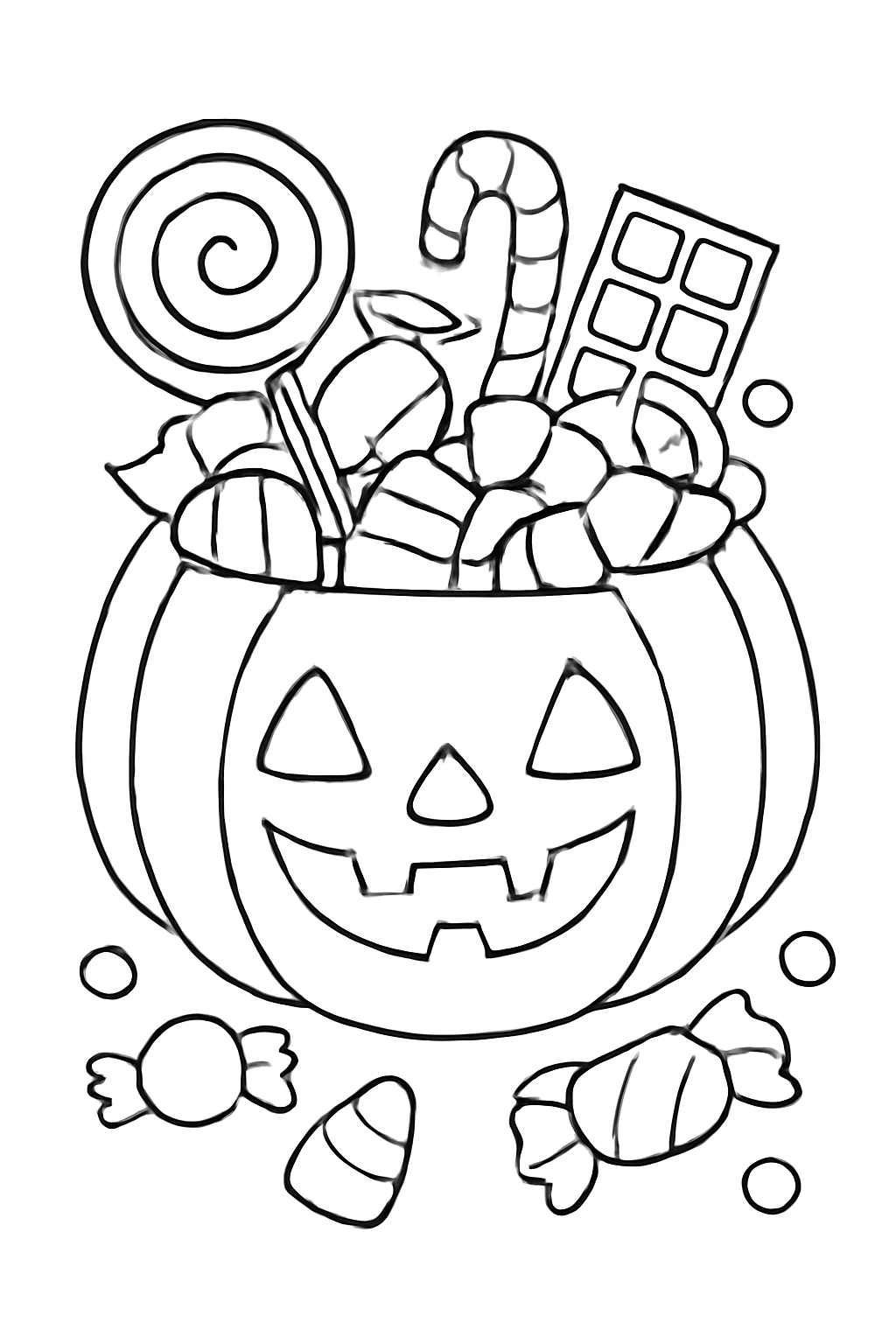 Free printable Halloween candy bucket overflowing with treats coloring page for kids