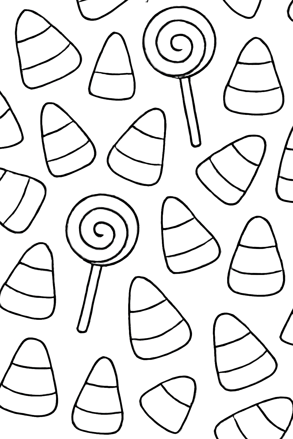 Free printable candy corn and lollipop pattern for Halloween coloring page for kids