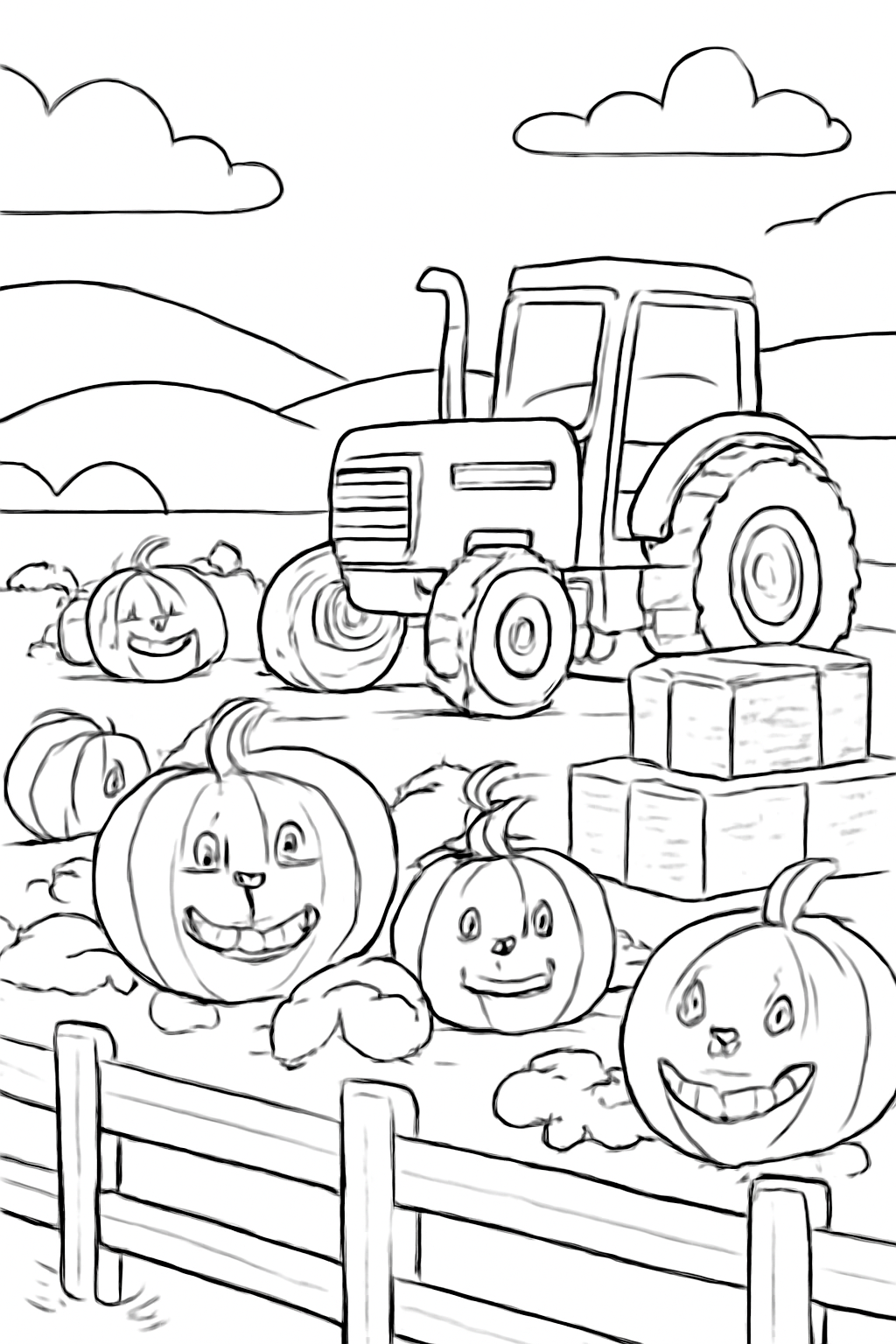 Free printable Halloween pumpkin patch with a tractor and hay bales coloring page for kids