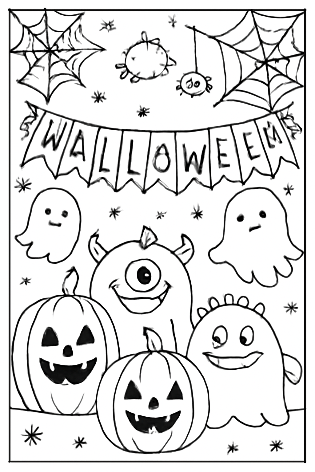 Free printable Halloween table banner filled with jack-o-lanterns spiderwebs and friendly monsters coloring page