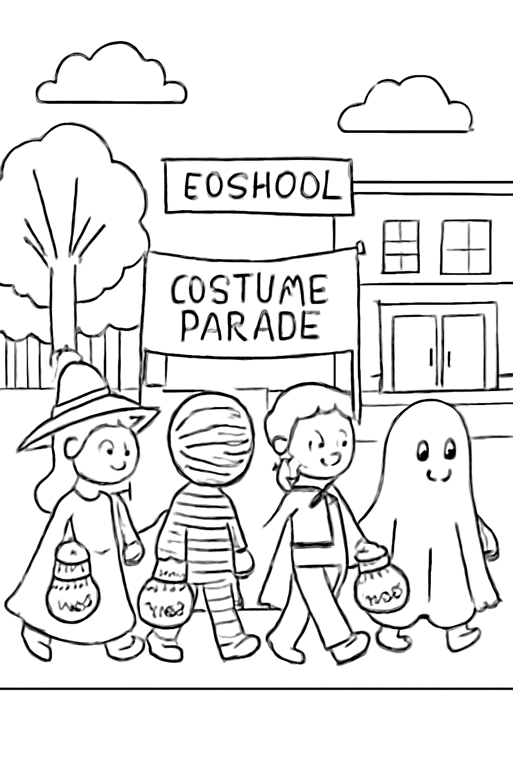 Free printable Halloween costume parade at school coloring page for kids